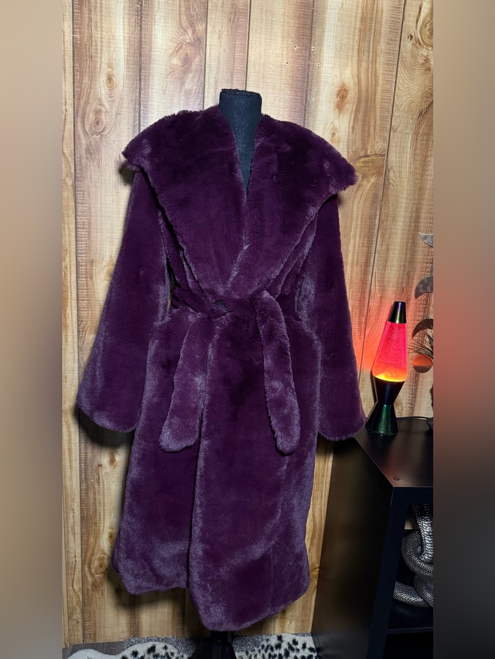Anthropologie Plush Faux Fur Coat in Deep Plum - Picture 3 of 13